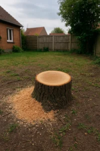 Souche fraîchement coupée après abattage d’arbre dans un jardin à Villeneuve d’Ascq