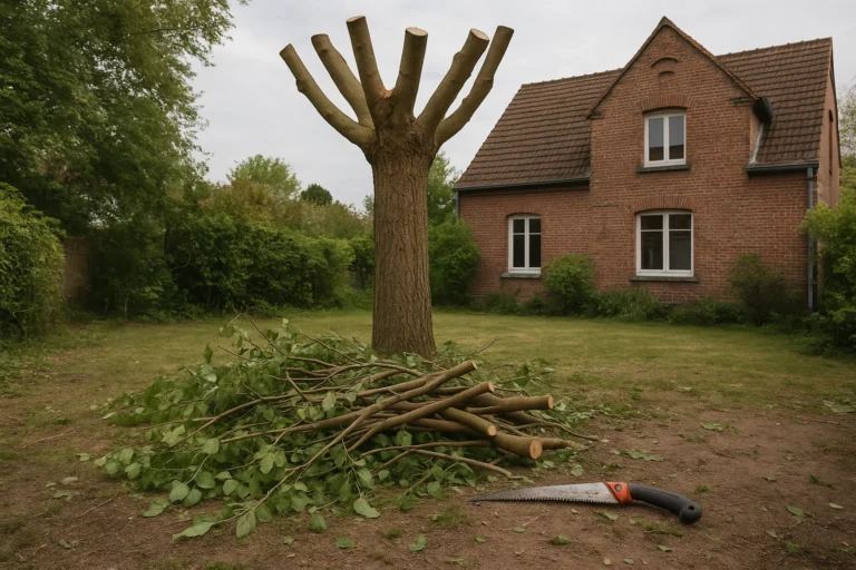 Arbre sévèrement taillé avec branches au sol dans un jardin de Villeneuve d’Ascq