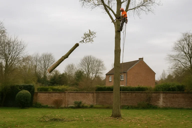 Élagueur en corde en train de couper une branche à grande hauteur
