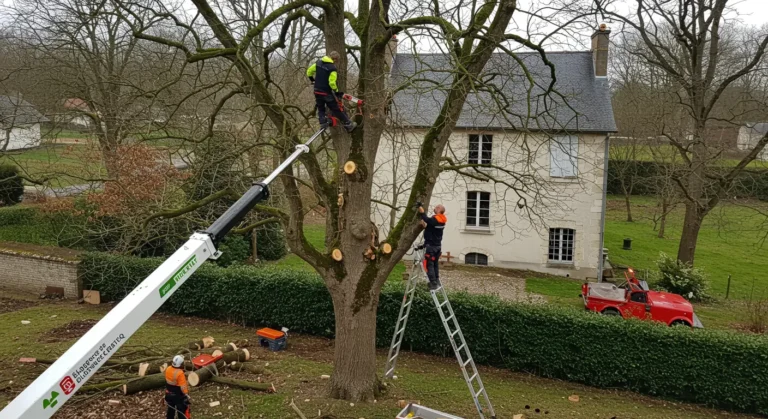 Élagage en cours près d'une maison.