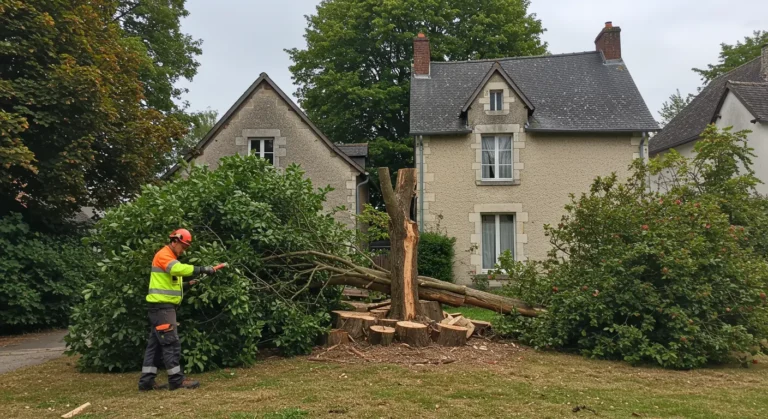 Elagage d'arbres devant une maison.