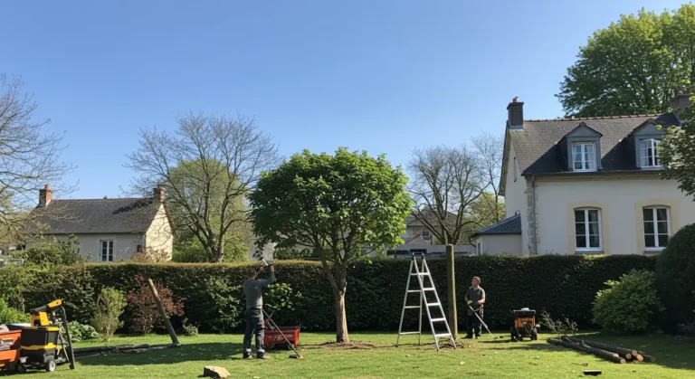Elagage d'arbres dans un jardin ensoleille