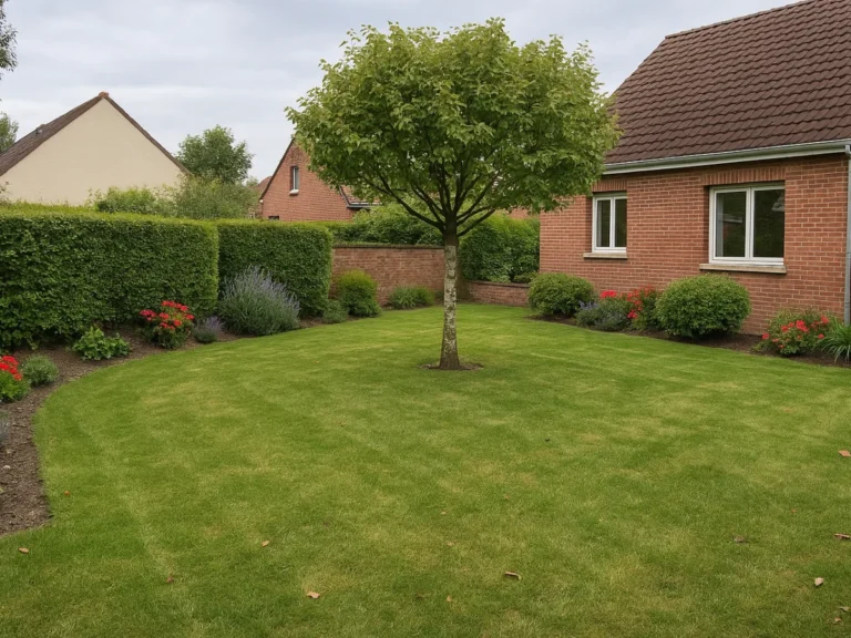 Vue d’un jardin vert et net avec haies taillées à Villeneuve-d'Ascq