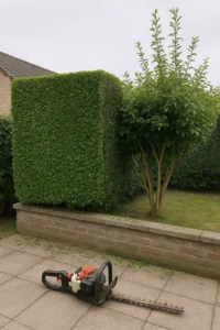 Haie taillée de manière nette et professionnelle avec taille-haie posé au sol à Villeneuve d’Ascq