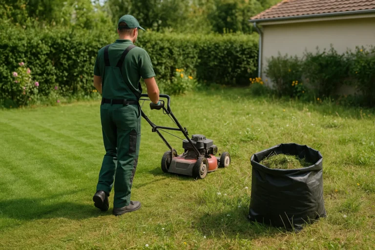 Jardinier en pleine tonte de pelouse avec ramassage des déchets verts